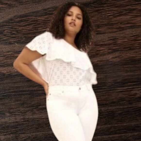 Torrid Plus Size Jersy White One Shoulder Ruffle Summer Eyelet Top. - Picture 1 of 16
